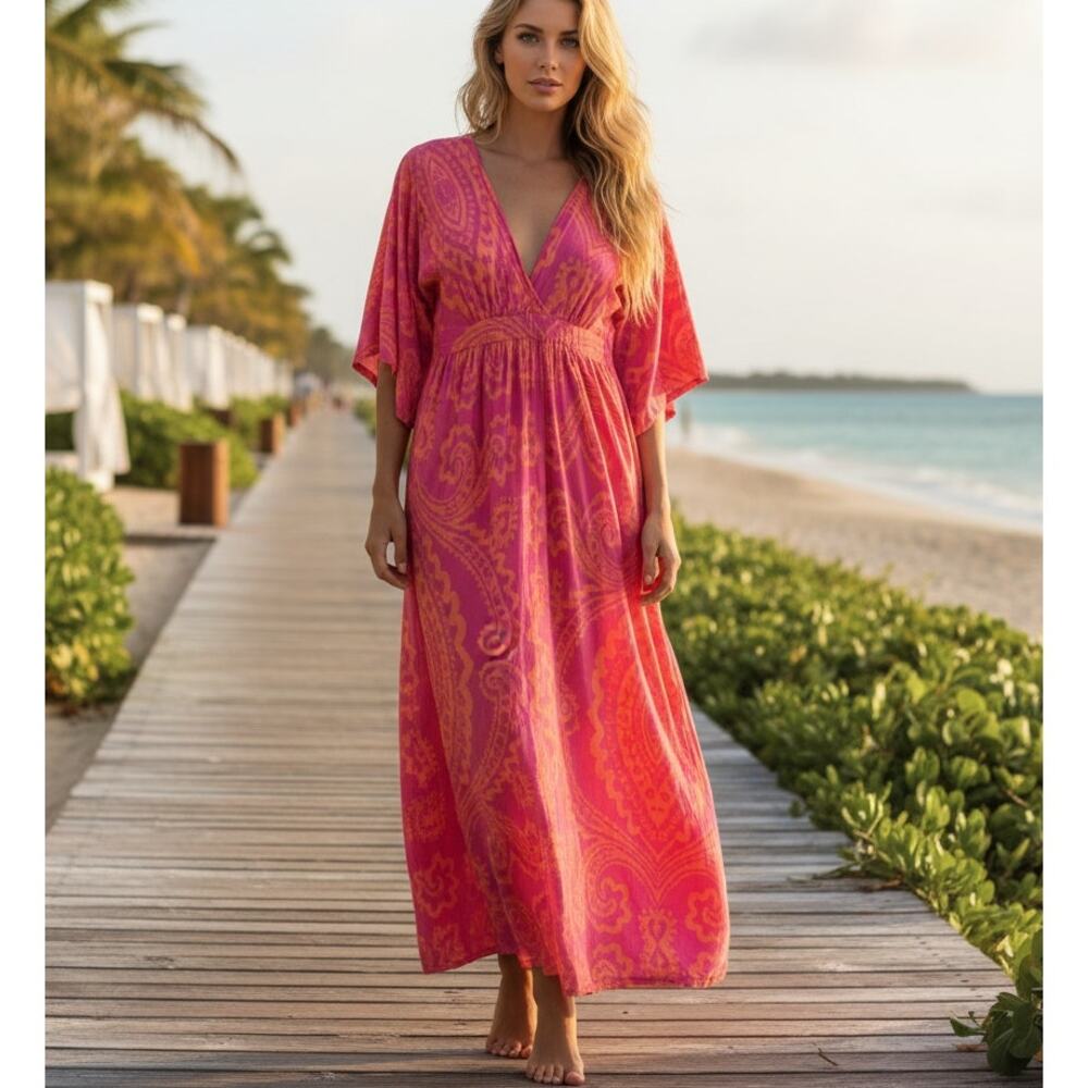 LA PLAGE Vintage Kaftan Maxi Dress Size Medium Pink Orange Resort Beachy Boho